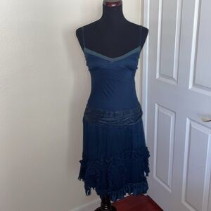 Vintage Mango Navy Deep Blue Romantic Silk Dress